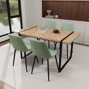 English Elm 59 Inch Light Wood MDF Dining Table Set with Four Suede Chairs and Matte Black Metal Base Brown+Green W3732S00096