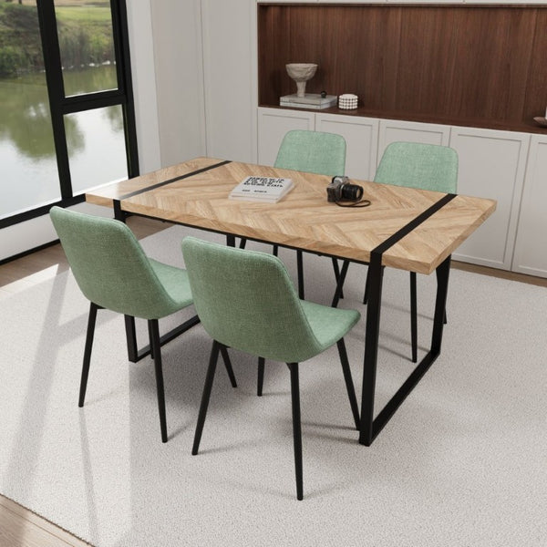 English Elm 59 Inch Light Wood MDF Dining Table Set with Four Suede Chairs and Matte Black Metal Base Brown+Green W3732S00096