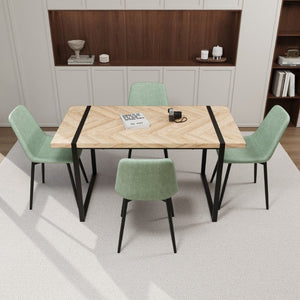 English Elm 59 Inch Light Wood MDF Dining Table Set with Four Suede Chairs and Matte Black Metal Base Brown+Green W3732S00096