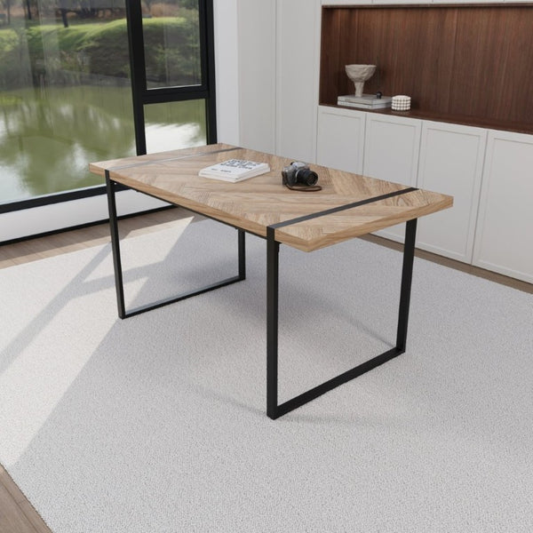 English Elm 59 Inch Light Wood MDF Dining Table Set with Four Suede Chairs and Matte Black Metal Base Brown+Green W3732S00096