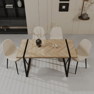 English Elm 59 Inch Industrial Dining Set with MDF Table and Four Suede Upholstered Chairs W3732S00098