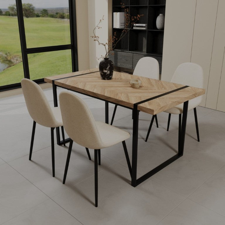English Elm 59 Inch Industrial Dining Set with MDF Table and Four Suede Upholstered Chairs W3732S00098
