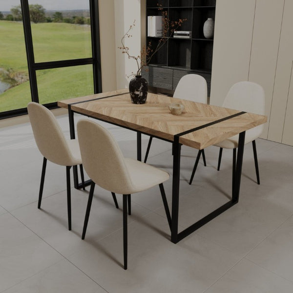 English Elm 59 Inch Industrial Dining Set with MDF Table and Four Suede Upholstered Chairs W3732S00098