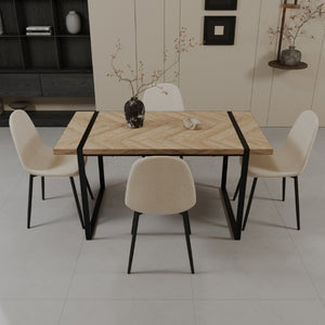 English Elm 59 Inch Industrial Dining Set with MDF Table and Four Suede Upholstered Chairs W3732S00098