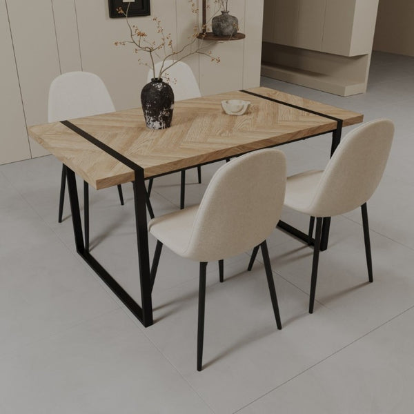 English Elm 59 Inch Industrial Dining Set with MDF Table and Four Suede Upholstered Chairs W3732S00098