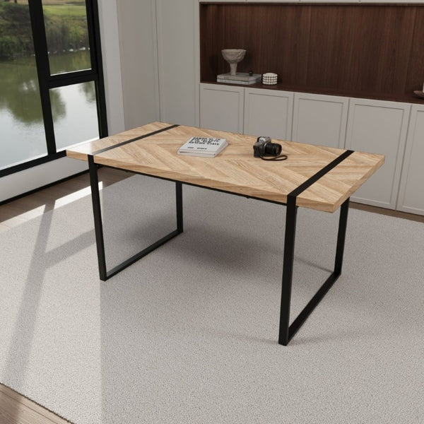 English Elm 59 Inch Industrial Dining Set with MDF Table and Four Suede Upholstered Chairs W3732S00098