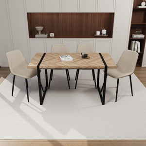 English Elm 59 Inch Light Wood MDF Dining Table Set with Four Suede Chairs and Matte Black Metal Base Beige+Brown W3732S00099