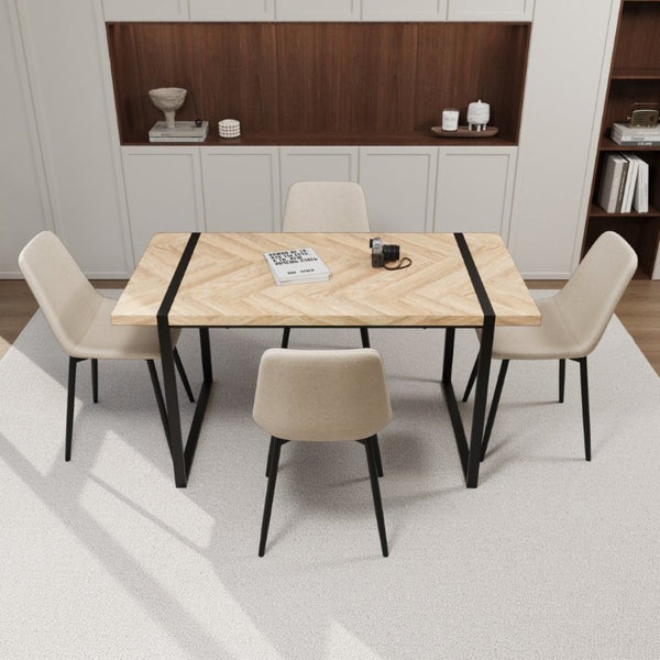 English Elm 59 Inch Light Wood MDF Dining Table Set with Four Suede Chairs and Matte Black Metal Base Beige+Brown W3732S00099
