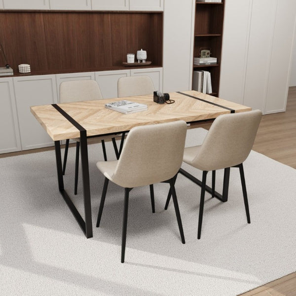 English Elm 59 Inch Light Wood MDF Dining Table Set with Four Suede Chairs and Matte Black Metal Base Beige+Brown W3732S00099