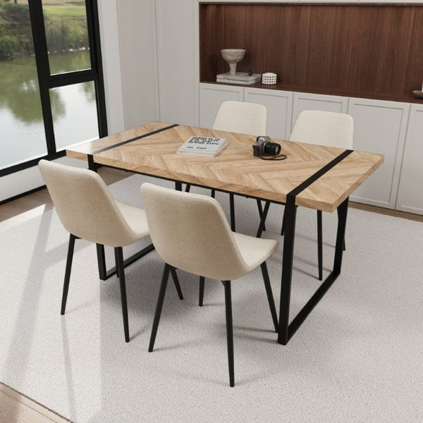 English Elm 59 Inch Light Wood MDF Dining Table Set with Four Suede Chairs and Matte Black Metal Base Beige+Brown W3732S00099