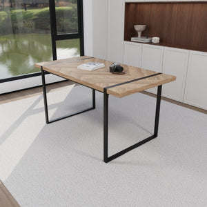 English Elm 59 Inch Light Wood MDF Dining Table Set with Four Suede Chairs and Matte Black Metal Base Beige+Brown W3732S00099