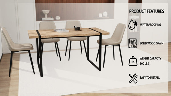 English Elm 59 Inch Light Wood MDF Dining Table Set with Four Suede Chairs and Matte Black Metal Base Beige+Brown W3732S00099