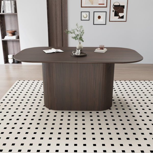 English Elm 63 Inch MDF Dining Table Seats Eight with Carved Wavy Legs and Warm Brown Finish W3732S00101