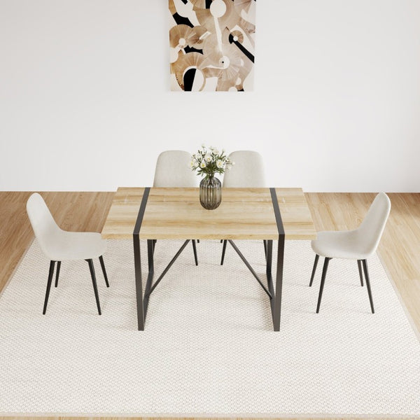 English Elm 55 Inch Mid Century Modern 5 Piece Dining Set with MDF Wood Table and Metal Legs Natural+Beige Linen - A W3732S00109