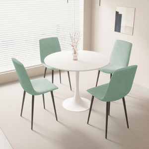 English Elm 31.5 Inch Round Tulip Pedestal Dining Set Seating Four with Linen Upholstered Chairs W3732S00116