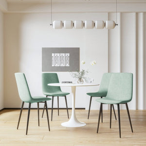 English Elm 31.5 Inch Round Tulip Pedestal Dining Set Seating Four with Linen Upholstered Chairs W3732S00116