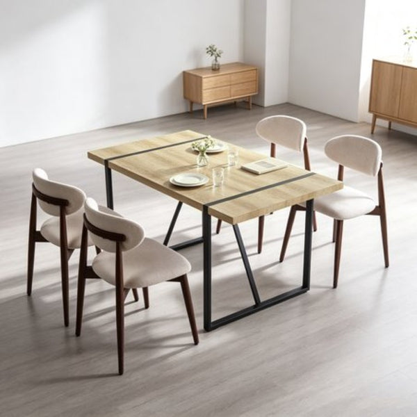 English Elm 55Modern 5 Piece Dining Set Wood Grain Tabletop Black Metal Frame Upholstered Chairs W3732S00118