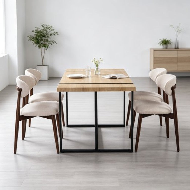 English Elm 55Modern 5 Piece Dining Set Wood Grain Tabletop Black Metal Frame Upholstered Chairs W3732S00118