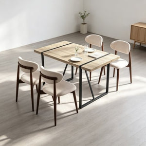 English Elm 55Modern 5 Piece Dining Set Wood Grain Tabletop Black Metal Frame Upholstered Chairs W3732S00118