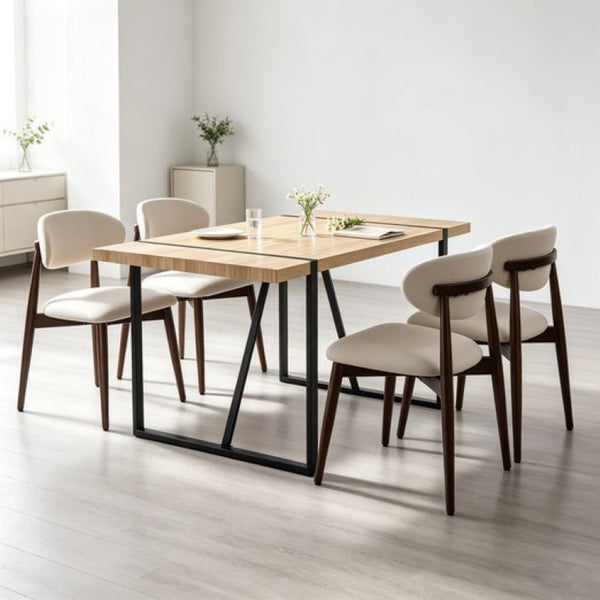 English Elm 55Modern 5 Piece Dining Set Wood Grain Tabletop Black Metal Frame Upholstered Chairs W3732S00118
