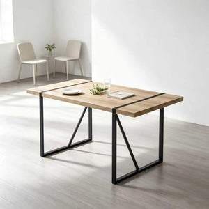 English Elm 55Modern 5 Piece Dining Set Wood Grain Tabletop Black Metal Frame Upholstered Chairs W3732S00118