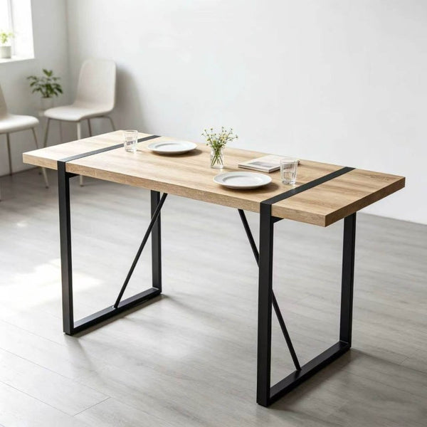 English Elm 55Modern 5 Piece Dining Set Wood Grain Tabletop Black Metal Frame Upholstered Chairs W3732S00118