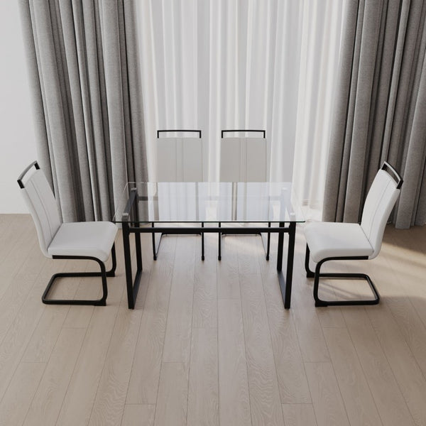 English Elm 51 Inch Modern Glass Top Dining Set Seats Four with PU Leather Chairs Metal Base W3732S00123