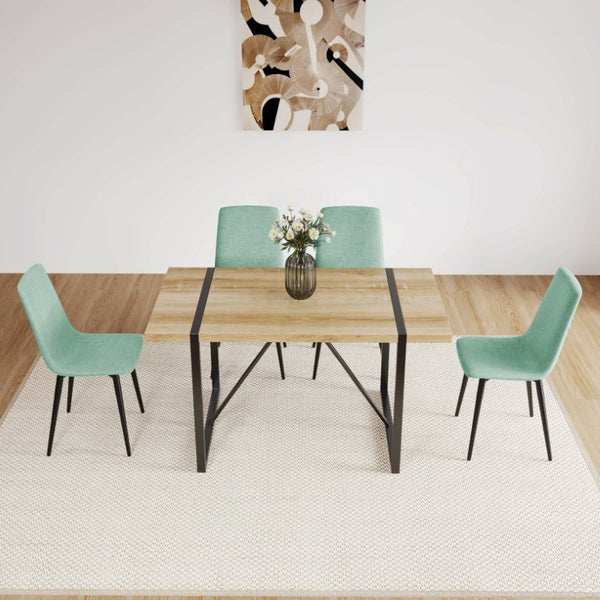 English Elm 55 Inch Mid Century Modern 5 Piece Dining Set with MDF Wood Table and Metal Legs Natural Wood Linen W3732S00125