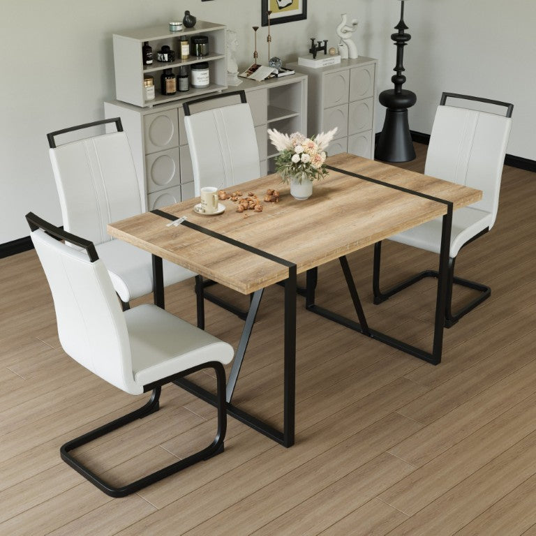 English Elm 55 Inch Industrial Farmhouse Dining Set with MDF Table PU Leather Chairs Black Metal Base W3732S00126
