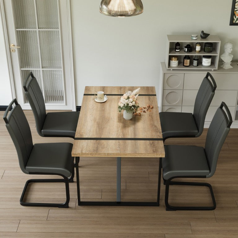 English Elm 55 Inch Industrial Farmhouse Dining Set with MDF Table PU Chairs and Metal Legs W3732S00127