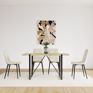 English Elm 55 Inch Mid Century Modern 5 Piece Dining Set with MDF Wood Table and Metal Legs Natural+Beige Linen - B W3732S00128