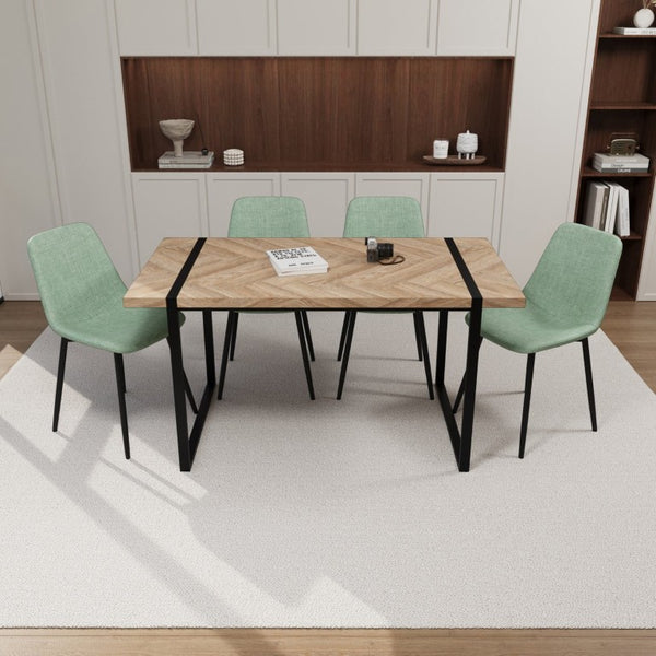 English Elm 59 Inch Modern Farmhouse Dining Set with MDF Table Suede High-Back Chairs Matte Base Brown+Green W3732S00131