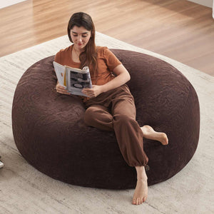 English Elm Round Floral Bean Bag Chair Oversized Body Contouring Lounge Seat for Living Spaces Brown W3737P460409