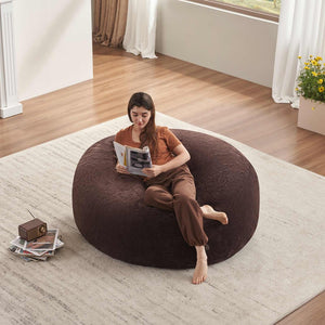 English Elm Round Floral Bean Bag Chair Oversized Body Contouring Lounge Seat for Living Spaces Brown W3737P460409