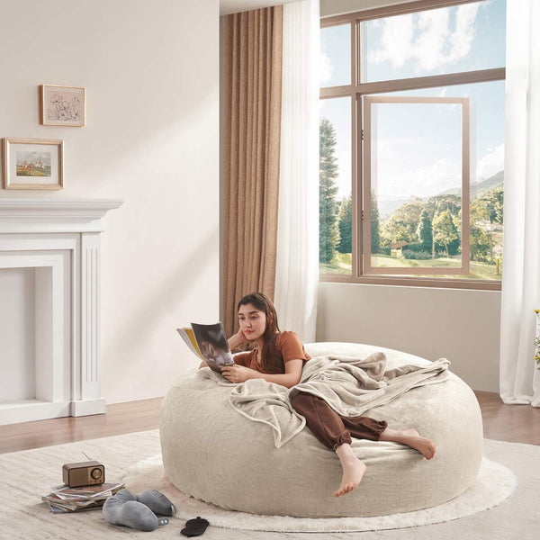 English Elm 6ft Round Memory Foam Bean Bag Soft Flannel Lounge Chair for Dorm Bedroom Living Room Beige W3737P490365