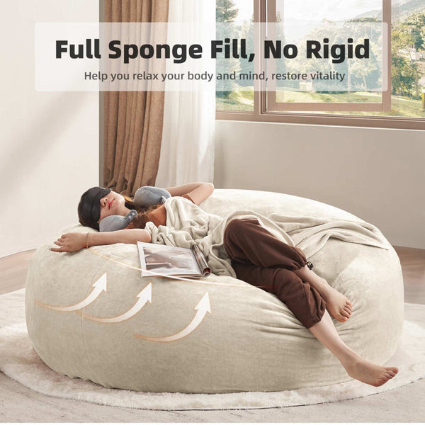 English Elm 6ft Round Memory Foam Bean Bag Soft Flannel Lounge Chair for Dorm Bedroom Living Room Beige W3737P490365