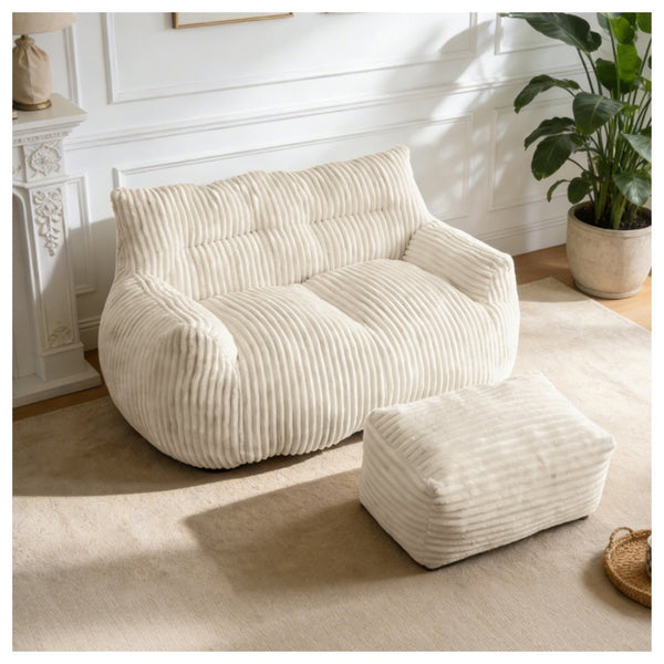 English Elm Double Corduroy Loveseat with Ottoman Plush Bean Bag Sofa for Lounging in Any Room White W3737P491109