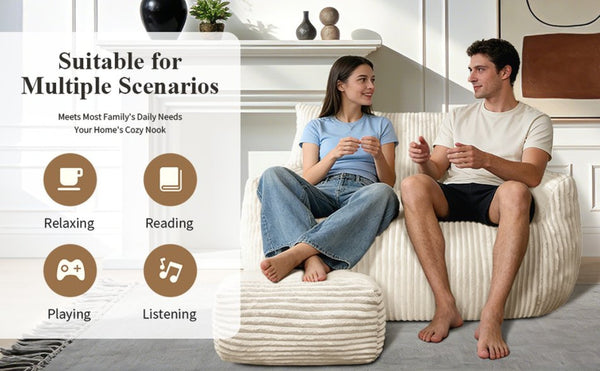 English Elm Double Corduroy Loveseat with Ottoman Plush Bean Bag Sofa for Lounging in Any Room White W3737P491109