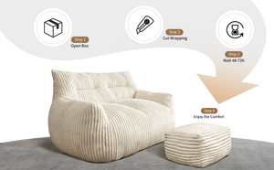 English Elm Double Corduroy Loveseat with Ottoman Plush Bean Bag Sofa for Lounging in Any Room White W3737P491109