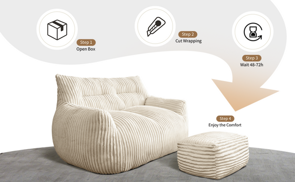 English Elm Double Corduroy Loveseat with Ottoman Plush Bean Bag Sofa for Lounging in Any Room White W3737P491109
