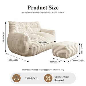 English Elm Double Corduroy Loveseat with Ottoman Plush Bean Bag Sofa for Lounging in Any Room White W3737P491109