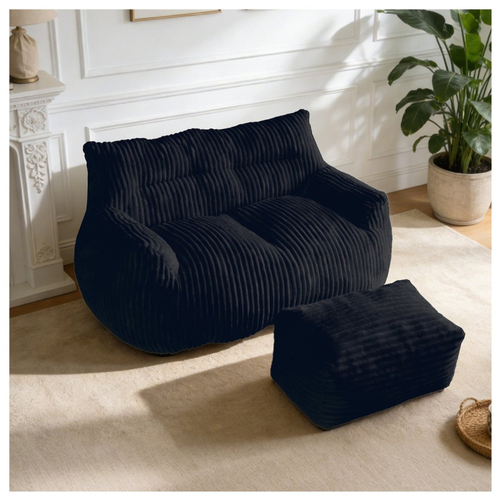 English Elm Double Corduroy Loveseat with Ottoman Plush Bean Bag Sofa for Lounging in Any Room Black W3737P491123