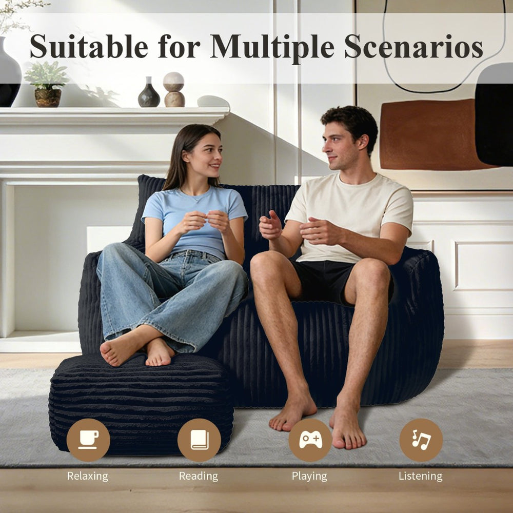 English Elm Double Corduroy Loveseat with Ottoman Plush Bean Bag Sofa for Lounging in Any Room Black W3737P491123