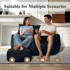 English Elm Double Corduroy Loveseat with Ottoman Plush Bean Bag Sofa for Lounging in Any Room Black W3737P491123