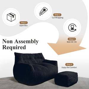 English Elm Double Corduroy Loveseat with Ottoman Plush Bean Bag Sofa for Lounging in Any Room Black W3737P491123
