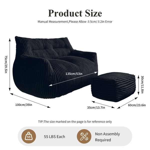 English Elm Double Corduroy Loveseat with Ottoman Plush Bean Bag Sofa for Lounging in Any Room Black W3737P491123