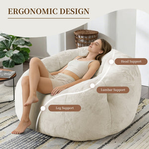 English Elm Round Floral Bean Bag Chair Oversized Body Contouring Lounge Seat for Living Spaces White W3737P491751