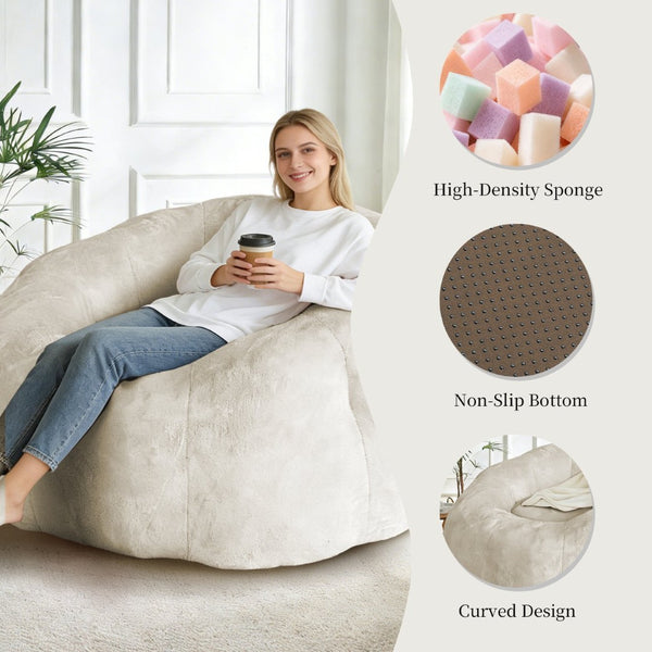 English Elm Round Floral Bean Bag Chair Oversized Body Contouring Lounge Seat for Living Spaces White W3737P491751