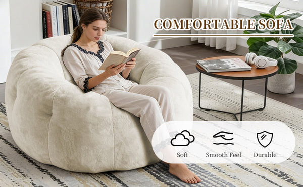 English Elm Round Floral Bean Bag Chair Oversized Body Contouring Lounge Seat for Living Spaces White W3737P491751