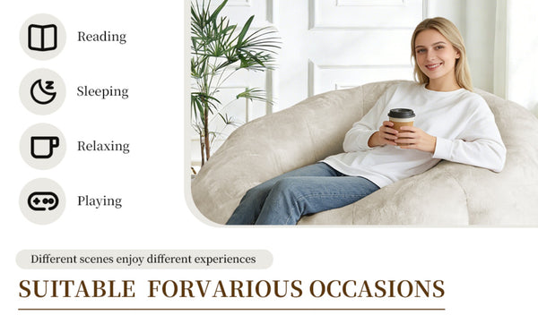 English Elm Round Floral Bean Bag Chair Oversized Body Contouring Lounge Seat for Living Spaces White W3737P491751